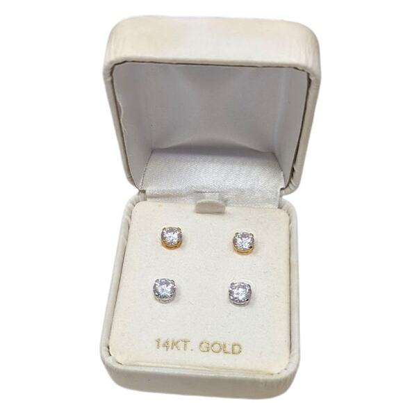 14K Gold CZ Stud Earrings Set (2 Pairs) | Round Solitaire | 2g | Made in Mexico - Picture 1 of 5